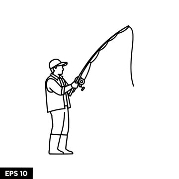 Fisherman fishing outline line art vector illustration