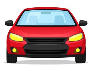 A frontal illustration of a red, sleek, modern vehicle with bright yellow headlights and a black grill, against a plain white background