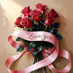 Love you lettering on ribbon with roses