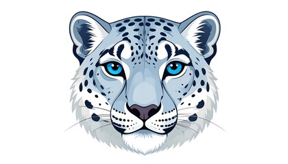 A frontal illustration of a snow leopard's head, showing its distinctive fur pattern and vibrant blue eyes