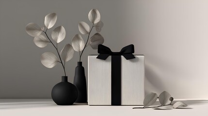 Elegant Gift and Decorative Foliage: A beautifully presented gift box adorned with a sleek black ribbon stands alongside minimalistic vases, housing delicate silver foliage.