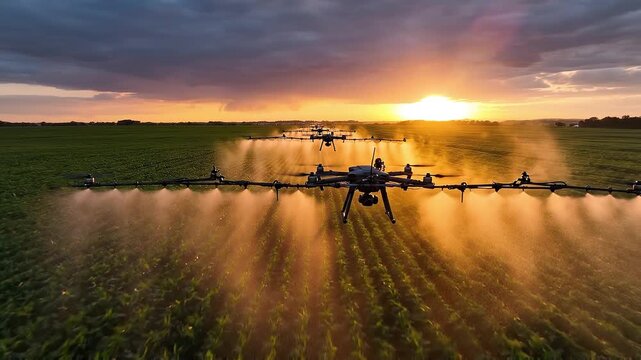 Agricultural Drone Fleet Spraying Crops at Sunset