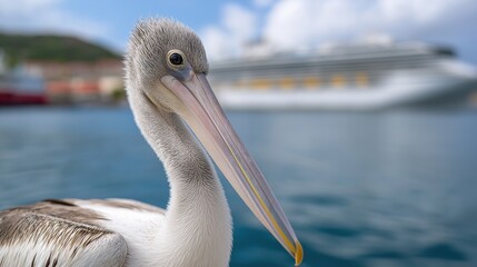 Close-up of a pelican with cruise ship in background by the ocean