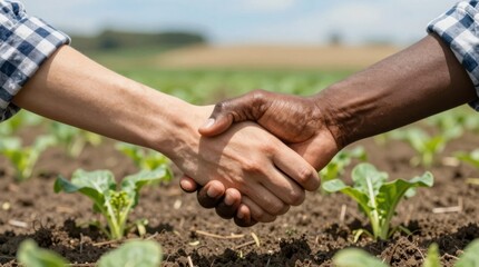 Two hands shake in a field with growing plants under a clear sky during daytime