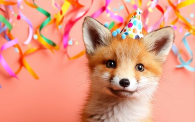 Fototapeta premium Cute Fox Cub Celebrating with Colorful Streamers and Party Hat in 3D Style