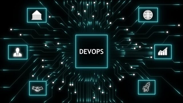 Futuristic devops concept background with glowing circuit lines, central devops text, and surrounding icons for cloud, security, analytics, collaboration, automation, and deployment.