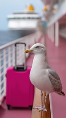 Fototapeta premium Seagull on cruise ship deck with pink suitcase in background