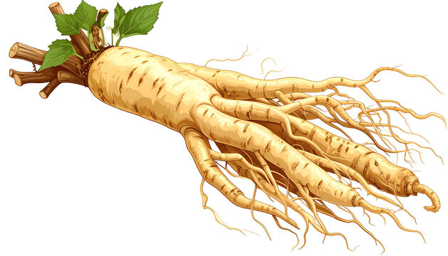 Detailed illustration of a ginseng root, showing leaves and many elongated rootlets