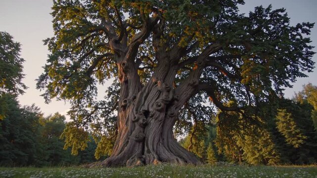 Ancient Oak's Grandeur: A majestic, aged oak tree stands tall, its gnarled trunk and expansive canopy a testament to centuries of resilience and natural beauty.