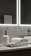 Fototapeta premium Contemporary bathroom counter setup featuring liquid soap dispenser, neatly folded white cotton towels, and a shiny ceramic washbasin ,dispenser ,sink ,vanity
