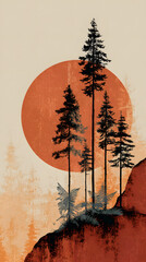 Minimalist pine trees with red sun