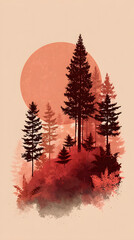 Red forest landscape with rising sun