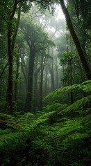 Obraz premium Dense tropical jungle environment featuring vibrant green ferns, massive canopy trees, and humid air, representing endangered ecosystems ,tree ,nature ,forest