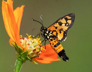 Obraz premium Vibrant moth on orange flower with mottled wings, delicate stamens