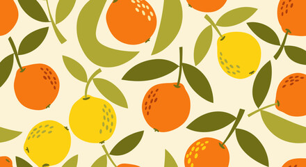 Obraz premium Stylized citrus fruits and leaves create a vibrant seamless pattern on a light cream background, perfect for textiles or digital designs.