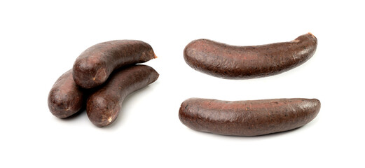 Obraz premium Black pudding isolated, blood sausage kaszanka, traditional Polish terrine, brawn sausages on white