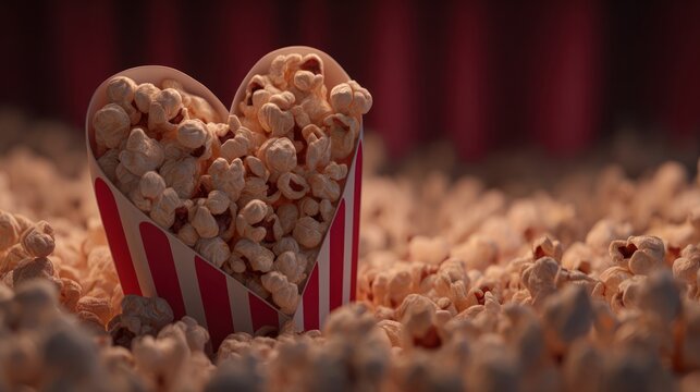 A Valentine heart in popcorn spilling from a movie theater bucket, 8k, realistic, full ultra HD, high resolution, cinematic photography