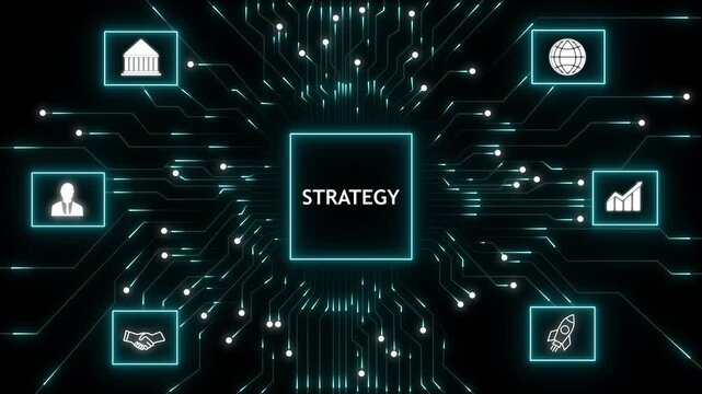 Futuristic digital network concept with glowing circuit lines and central strategy block, surrounded by business and technology icons on dark background.