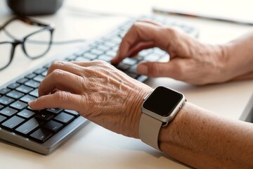 old hands type on computer keyboard. Aging workforce and digital literacy