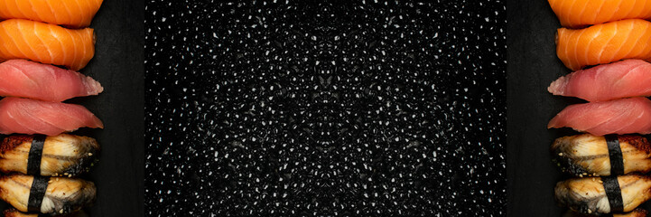 Set of Various Japanese Sushi Food on Dark Sate Plate Closeup. Nigiri and Nori Maki Sushi Rolls © ange1011