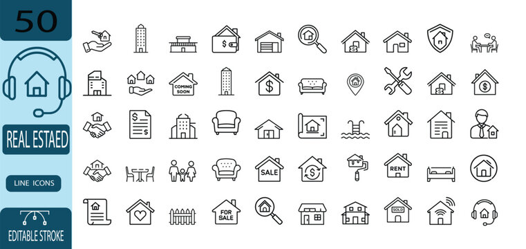 Real estate line icon set, house for sale and rent symbol, mortgage loan property investment, home insurance and agent handshake, construction blueprint vector illustration with editable stroke.