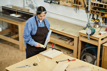A bright workshop where a young woman skillfully measures wood, sparking her creativity.
