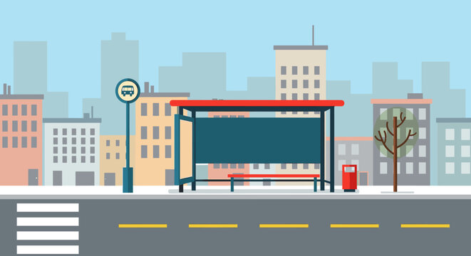 Modern flat design bus stop illustration, featuring a sign, bench, and blank advertisement space, set against a backdrop of city buildings and a road.