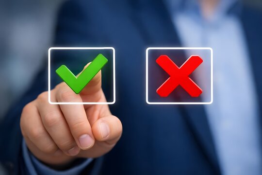 Select the check mark on a laptop. Check right and wrong marks. Concept decide to choose vote. Yes or no decisions, and business options for difficult situations in dilemma.
