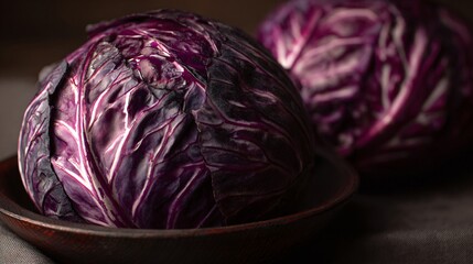 Obraz premium Red cabbage photographed at dusk, warm indoor lighting, cozy dinner mood