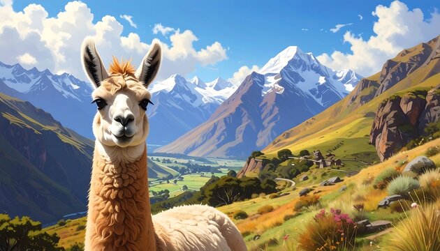 A fluffy llama gazes at the viewer, set amidst a vibrant landscape of rolling hills and snow-capped mountains. A sunny sky