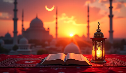 open book lies on a rug beneath warm lighting, accompanied by prayer beads and a faint, HD and 4k image