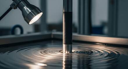 Close-up of a laboratory instrument creating ripples in a liquid surface under a spotlight