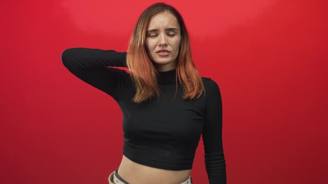Woman with hand on neck and exposed waist in red studio, wearing black turtleneck crop top with studded belt, grimacing in neck stretch; discomfort.