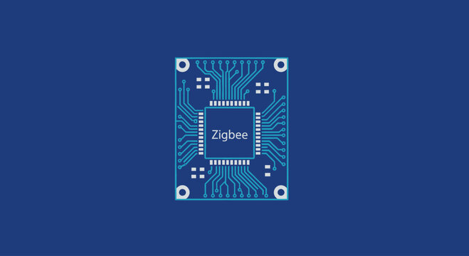 Close-up of a blue Zigbee integrated circuit on a dark blue background, flat design vector illustration.