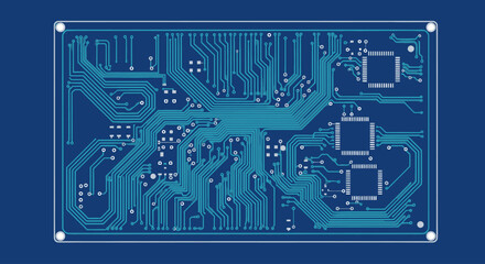 Abstract blue circuit board pattern with electronic components on dark blue background, flat design vector