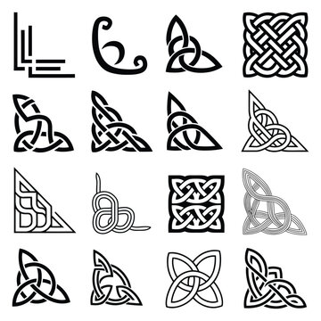 Irish Celtic corner ornaments collection, braided knot frame patterns, classic heritage decorative elements for cards, invitations and certificates, symmetrical flourishes, clean detailed vector