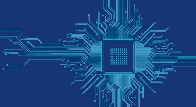 Stylized blue electronic circuit board pattern with central processor on dark blue background, vector
