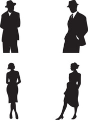 Man and woman standing pose silhouette black full body isolated on white background
