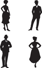 Man and woman standing pose silhouette black full body isolated on white background
