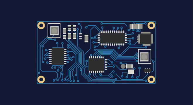 Electronic circuit board with microchips and components, flat design style