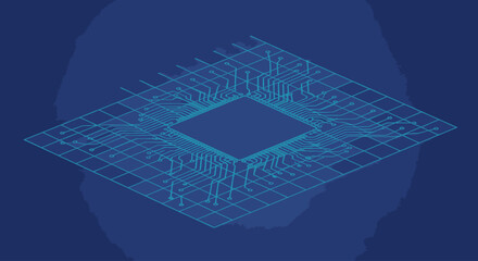 Isometric digital circuit board pattern with central chip on blue background