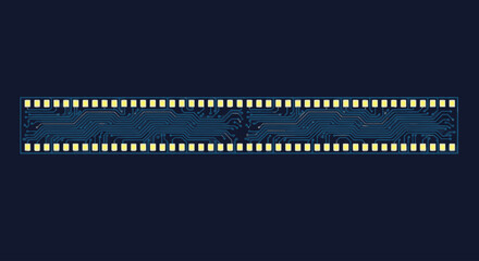 Circuit board pattern with electronic components on dark blue background, flat design vector