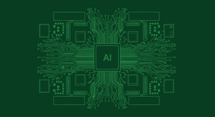 Obraz premium Central AI chip with connected circuit board traces and components, green on dark green background