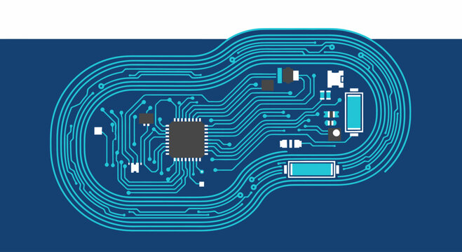 Stylized electronic circuit board with integrated circuit and components on dark blue background