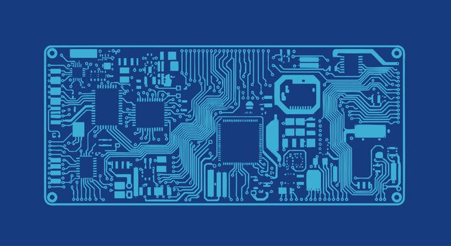 Blue electronic circuit board schematic with many components and connections on a dark blue background.