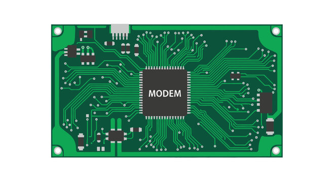 Green circuit board with central chip labeled MODEM, electronic components, and traces.