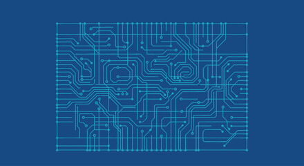 Fototapeta premium Blue circuit board pattern with intricate lines and connections on a dark blue background, vector illustration.