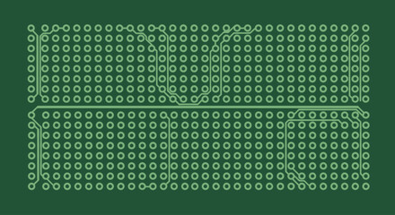 Green circuit board pattern with rows of holes and connecting lines, flat design