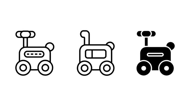 Collection of three simple wheeled vehicle icons depicting different styles, including outline and solid fill