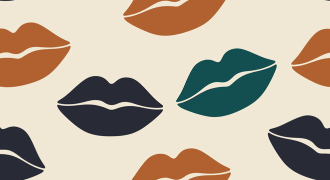 Abstract seamless lips pattern with modern graphic style featuring colorful shapes in dark blue, teal, and brown on a light cream background.